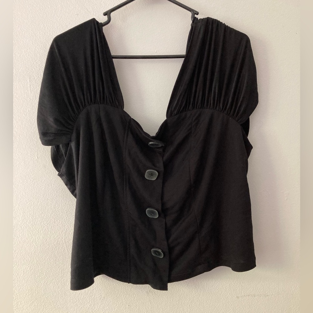 Eloquii Black Blouse with Ruched Sleeves and Square Button Detail